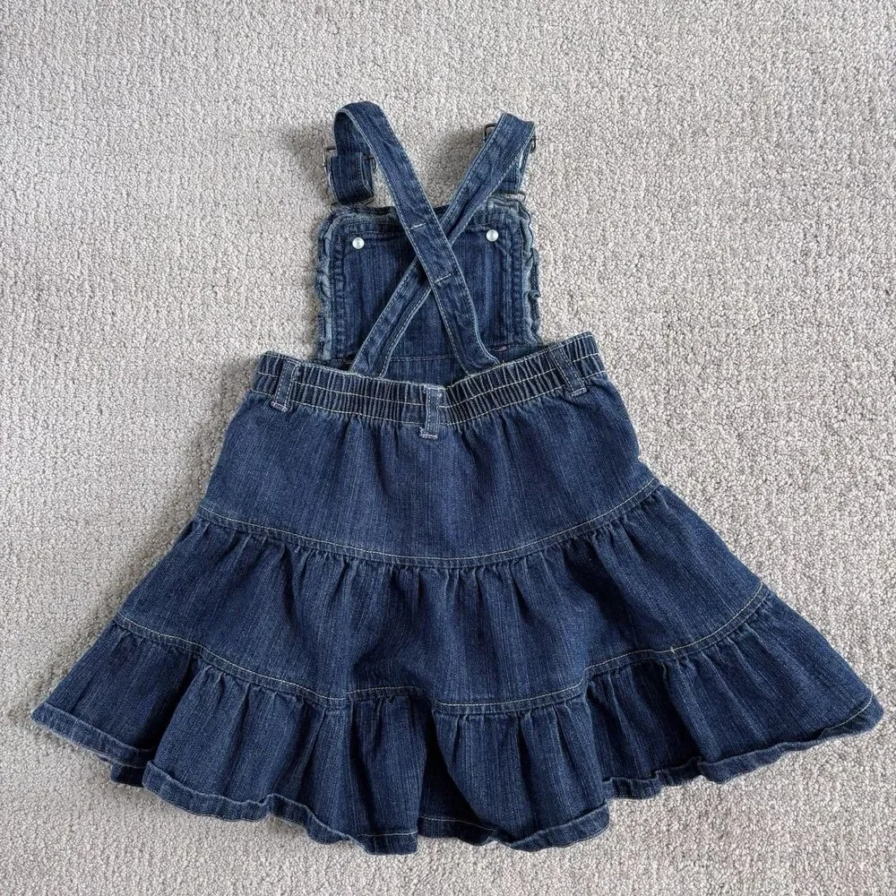 Wonderkids Girls Denim Pinafore Overalls Tiered Dress Embroidery Hearts Coquette